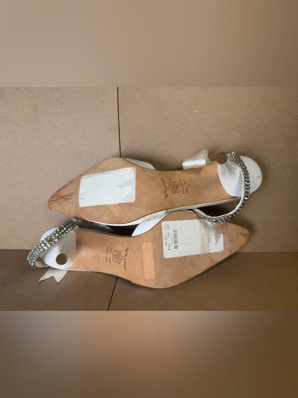 Nina White Satin Leather Pumps Heels Bow Rhinestone Ankle Wrap Size 6.5 6 1/2